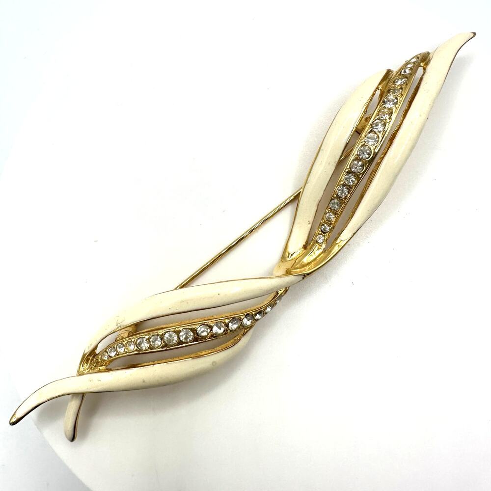 Erwin Pearl vintage gold tone white enamel clear rhinestones 4.5” bar pin brooch